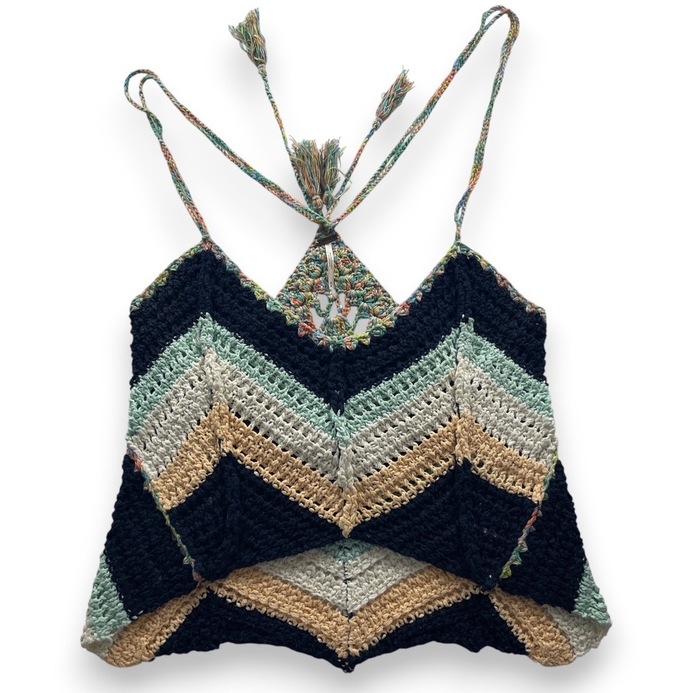 Free People Womens Crochet Chevron Camisole Navy Blue Mint Tan Tassel Top M